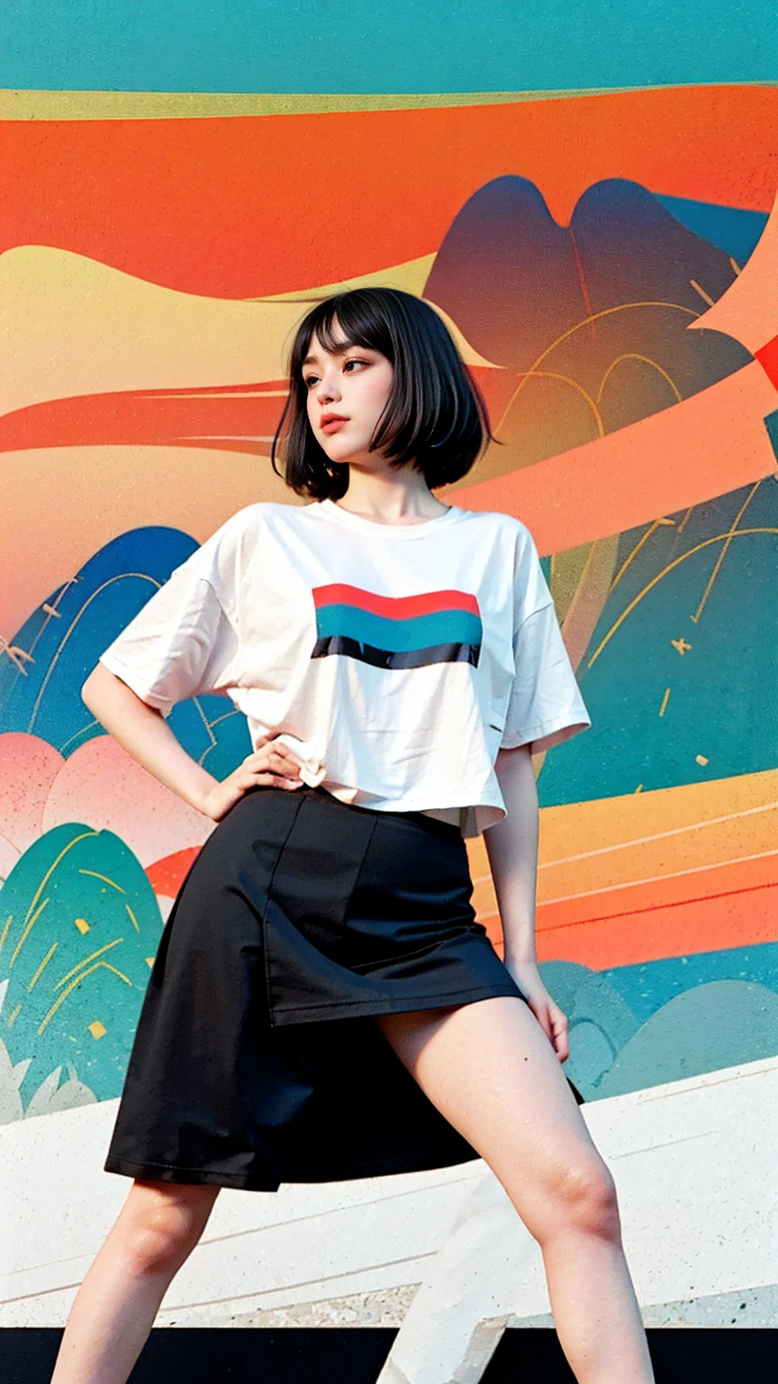 1 girl, beautiful, black bob hair, almond eye, no makeup, olive skin blank white tshirt, ((oversized_untucked tshirt)), peach tennis skirt,pose in front of ((80's mondrian architecture colorful motel)),(from below:1.2), (realistic:1.1), (surreal:1.2), (very detailed:1.1), ((masterpiece)),summer, blue sky, palm trees,sunny, los angles vibes