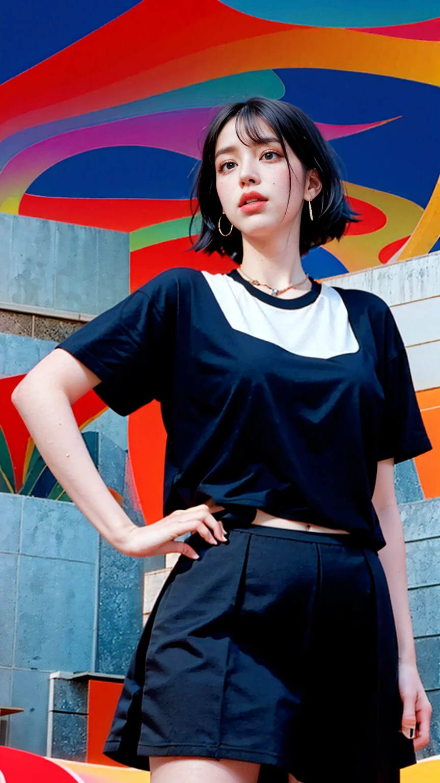 1 girl, beautiful, black bob hair, almond eye, no makeup, olive skin blank white tshirt, ((oversized_untucked tshirt)), peach tennis skirt,pose in front of ((80's mondrian architecture colorful motel)),(from below:1.2), (realistic:1.1), (surreal:1.2), (very detailed:1.1), ((masterpiece)),summer, blue sky, palm trees,sunny, los angles vibes