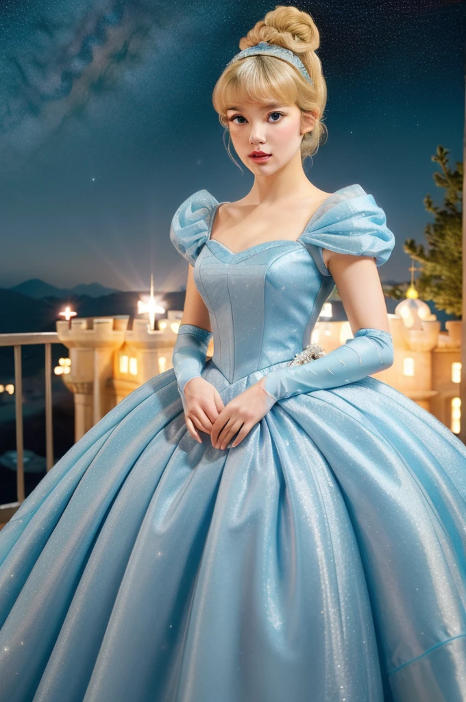 ((masterpiece:1.2), best quality, highres, ultra-detailed), solo, 1girl,
(CinderellaWaifu,princess cinderella from disney,beautiful skin,swept bangs,top knot:1.4),(18 years old,large breasts,sexy eyes,turquoise eyes,blonde hair:1.1),elegant face,(blue headband:1.3),
princess,
(1girl, solo:1.4), cowboy shot,(light blue rococo style gown:1.4), long gloves, looking at viewer, (outdoor,at night,castle,starry sky:1.2),cute pose 