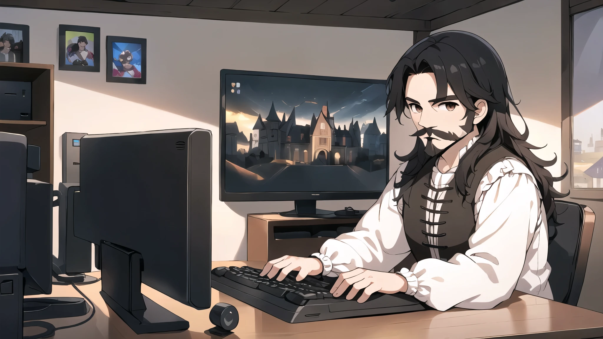 neocruz long black hair, Brown eyes, Spotlight, a mature male villager with a beard and mustache, utiliza una computer de juego dentro de una casa campesina.,peasants wearing renaissance clothing,Dur3r Style,(gaming computer monitor, keyboard (computer), cables, rgb games),horses,castle in the distance,