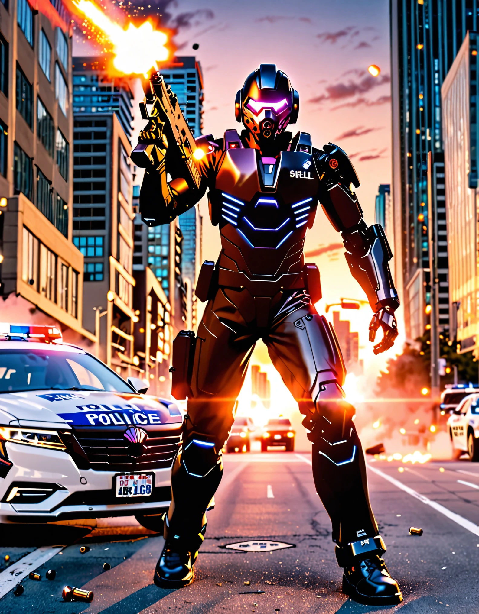 ((masterpiece, best quality, hires)), 1boy, male focus, solo focus, mature adult, age 30, canadian police officer, cyborg, muscular, (jet black cybernetic battle suit, glowing blue circle on chest), (black hair, dark purple eyes), (in front of a police car riddled with bullets), toronto city street backdrop, cowboy shot, sunset, excited look, ready for battle, front view, ((robot right arm with machine gun mounted on the hand, muzzle flash, shell casings coming from gun)), full body with costume.