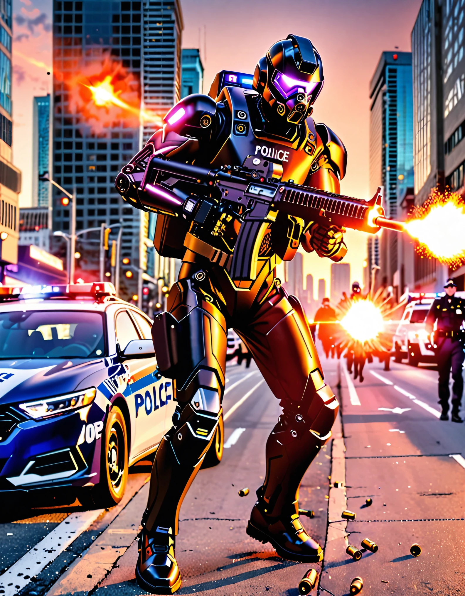 ((masterpiece, best quality, hires)), 1boy, male focus, solo focus, mature adult, age 30, canadian police officer, cyborg, muscular, (jet black cybernetic battle suit, glowing blue circle on chest), (black hair, dark purple eyes), (in front of a police car riddled with bullets), toronto city street backdrop, cowboy shot, sunset, excited look, ready for battle, front view, ((robot right arm with machine gun mounted on the hand, muzzle flash, shell casings coming from gun)), full body with costume.
