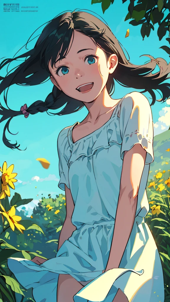 Reasonable design, Clear lines, High Sharpness, (Highest quality,8K,Perfect sharpness,Ultra fine,High resolution,masterpiece:1.2), Perfect Anatomy:1.5, Official Art, Illustrations that tell a story, (Whitish background:0. 9)、Body Positivity、多Mr.な身体表現、(Random and energetic poses)、Perfect beauty、Perfect beautiful face、Strong winds、A rich expression、Dynamic composition、smile、Golden ratio composition、colorful、((Mr.々Different angles and perspectives))、Anime Art、(Mini dress)、(Overcoming stereotypes)、 Glowing Skin、(Natural beauty)、smile、Bangs、(Soft and flowing hair)、(countryside)、(Nostalgic atmosphere)、Put up to your feet、(Playful and carefree)、(多Mr.な民族のキャラクター)、(innocent attitude)、(Sunny atmosphere)、(The skirt flutters wildly in the wind)、(Bright colors)、Beautiful Eyes、(Embarrassing)、Braided Hair、Summer Scene、Smiling among flowers
