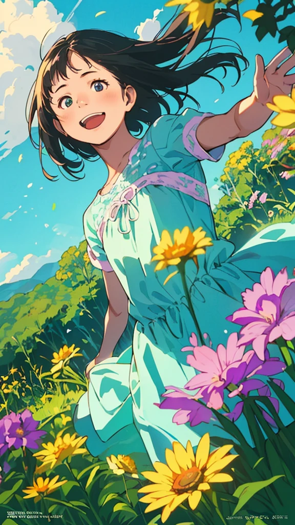 Reasonable design, Clear lines, High Sharpness, (Highest quality,8K,Perfect sharpness,Ultra fine,High resolution,masterpiece:1.2), Perfect Anatomy:1.5, Official Art, Illustrations that tell a story, (Whitish background:0. 9)、Body Positivity、多Mr.な身体表現、(Random and energetic poses)、Perfect beauty、Perfect beautiful face、Strong winds、A rich expression、Dynamic composition、smile、Golden ratio composition、colorful、((Mr.々Different angles and perspectives))、Anime Art、(Mini dress)、(Overcoming stereotypes)、 Glowing Skin、(Natural beauty)、smile、Bangs、(Soft and flowing hair)、(countryside)、(Nostalgic atmosphere)、Put up to your feet、(Playful and carefree)、(多Mr.な民族のキャラクター)、(innocent attitude)、(Sunny atmosphere)、(The skirt flutters wildly in the wind)、(Bright colors)、Beautiful Eyes、(Embarrassing)、Braided Hair、Summer Scene、Smiling among flowers