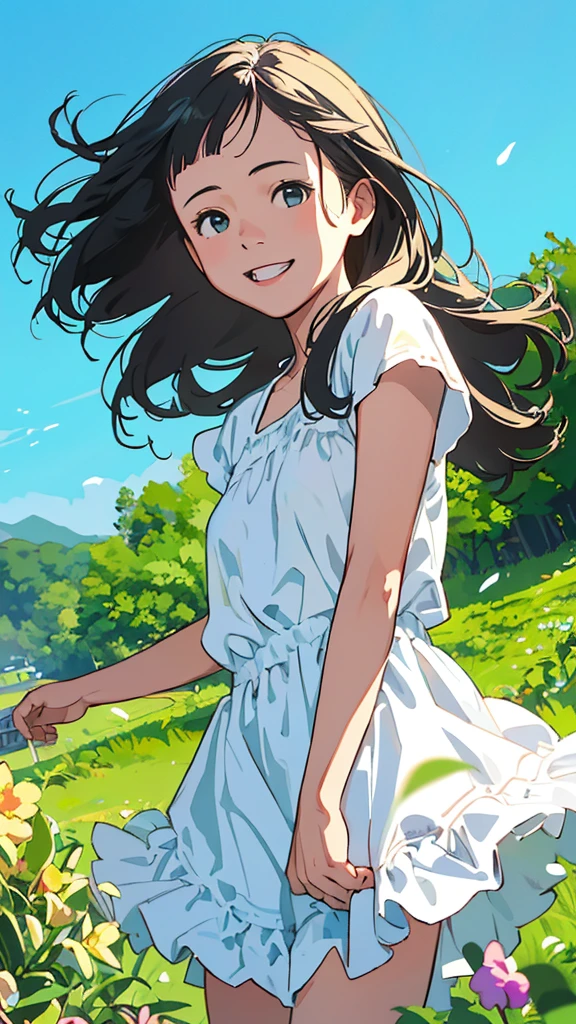 Reasonable design, Clear lines, High Sharpness, (Highest quality,8K,Perfect sharpness,Ultra fine,High resolution,masterpiece:1.2), Perfect ???????:1.5, Official Art, Illustrations that tell a story, (Whitish background:0. 9）、Body Positivity、多Mr.な身体表現、（Random and energetic poses）、Perfect beauty、Perfect beautiful face、Strong winds、A rich expression、Dynamic composition、smile、Golden ratio composition、colorful、（(Mr.々Different angles and perspectives)）、Anime Art、(Mini dress)、（Overcoming stereotypes）、 Glowing Skin、（Natural beauty）、smile、Bangs、（Soft and flowing hair）、（countryside）、（Nostalgic atmosphere）、Put up to your feet、（Playful and carefree）、（多Mr.な民族のキャラクター）、（innocent attitude）、（Sunny atmosphere）、(The skirt flutters wildly in the wind)、（Bright colors）、Beautiful Eyes、(Embarrassing)、Braided Hair、Summer Scene、Smiling among flowers