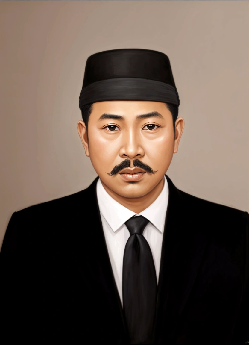 arafed man in a black suit and tie with a black hat, raden saleh, full protrait, mohamed chahin, inspired by I Ketut Soki, inspired by Basuki Abdullah, h. kyoht luterman, saadane afif, ramil sunga, academy headmaster, profile portrait, portrait symetrical, photo portrait, art style