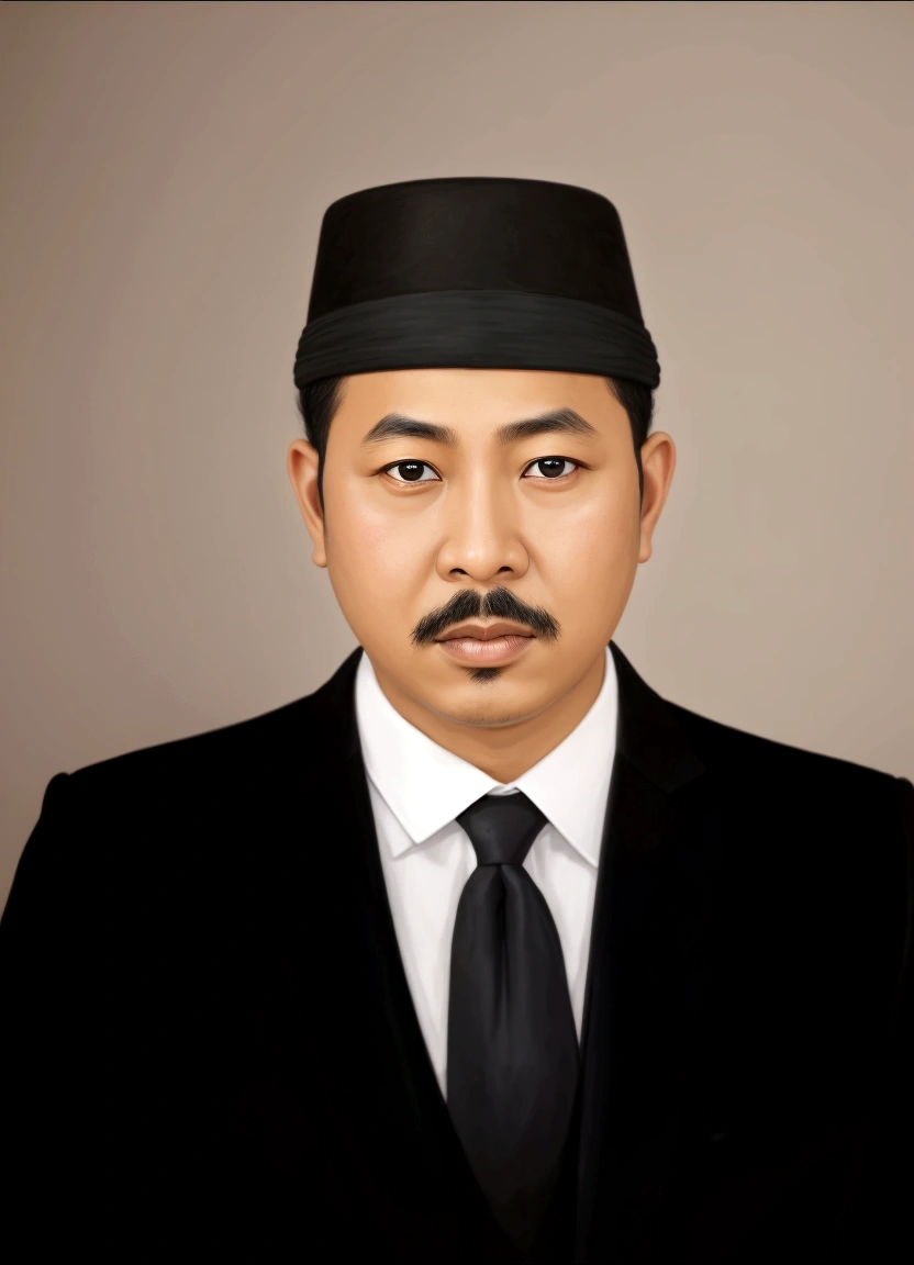arafed man in a black suit and tie with a black hat, raden saleh, full protrait, mohamed chahin, inspired by I Ketut Soki, inspired by Basuki Abdullah, h. kyoht luterman, saadane afif, ramil sunga, academy headmaster, profile portrait, portrait symetrical, photo portrait, art style