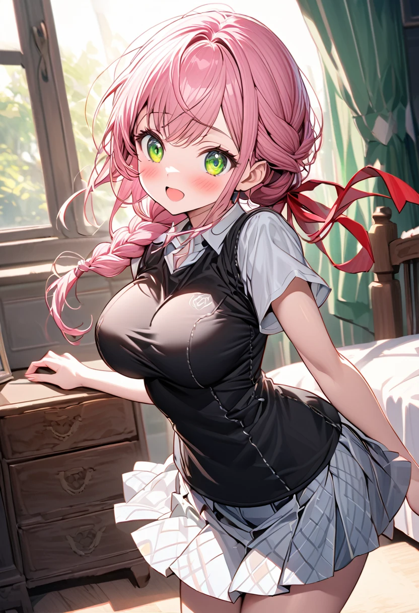 The image is of a beautiful woman wearing a tight fitting black button-up shirt with a short pleated black and white skirt. The school outfit is black with white accents. The woman has long flowing pink hair with strands of braided hair tied with red ribbon throughout. She has gorgeous green eyes that shine like emeralds. Her face is youthful and gorgeous. Her breasts are ample and seem too large for her tight fitting black uniform top. She is short in height but well developed -a short stack. She blushes as you look at her. She's standing in your bedroom and is excited to be with you. The image is ultra detailed with gorgeous colors, perfect line work, and detailed shading.