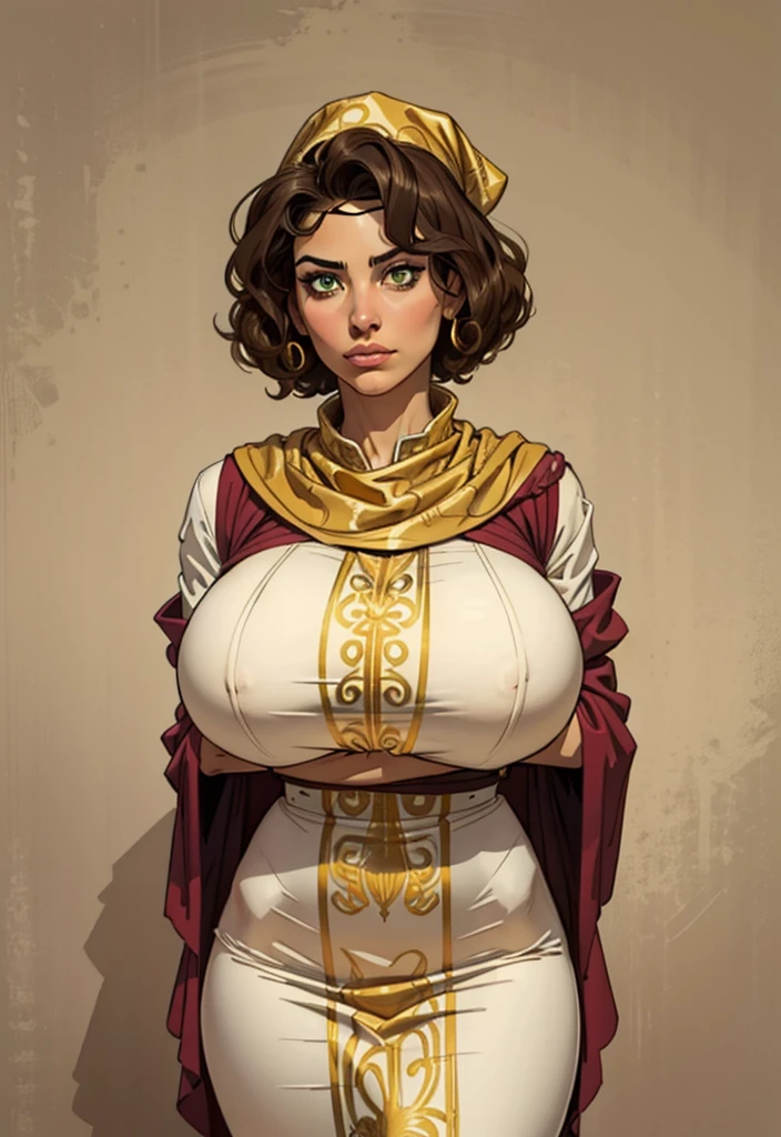 uma pirates wearring realistic pirates cloths,30 years old, latina face looking up, ((curly hair)) , ((gigantic breasts)), (gypsy), brown skin, mature, short hair, Stand up, maquiagem, Lips are soft or colored, light, uncontrasted, flat wallpaper background, silhuetas simples, lineart, minimalist, green eyes, ((gold bandana on forehead))
