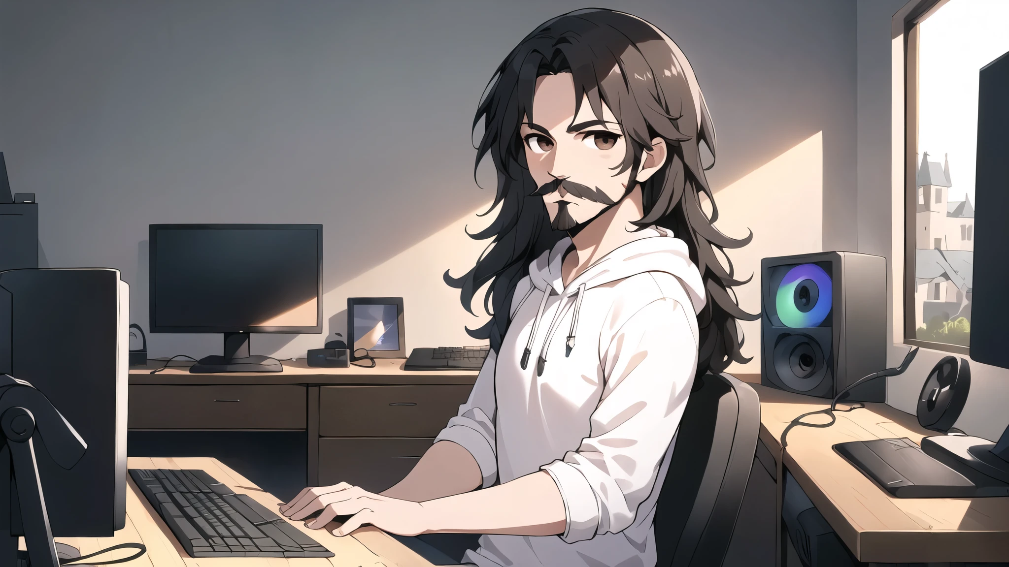 neocruz long black hair, Brown eyes, Spotlight, a mature male villager with a beard and mustache, utiliza una computer de juego dentro de una casa campesina.,casual beach clothing, shirt, hoodie, Dur3r Style,(gaming computer monitor, keyboard (computer), cables, rgb games),horses,castle in the distance,