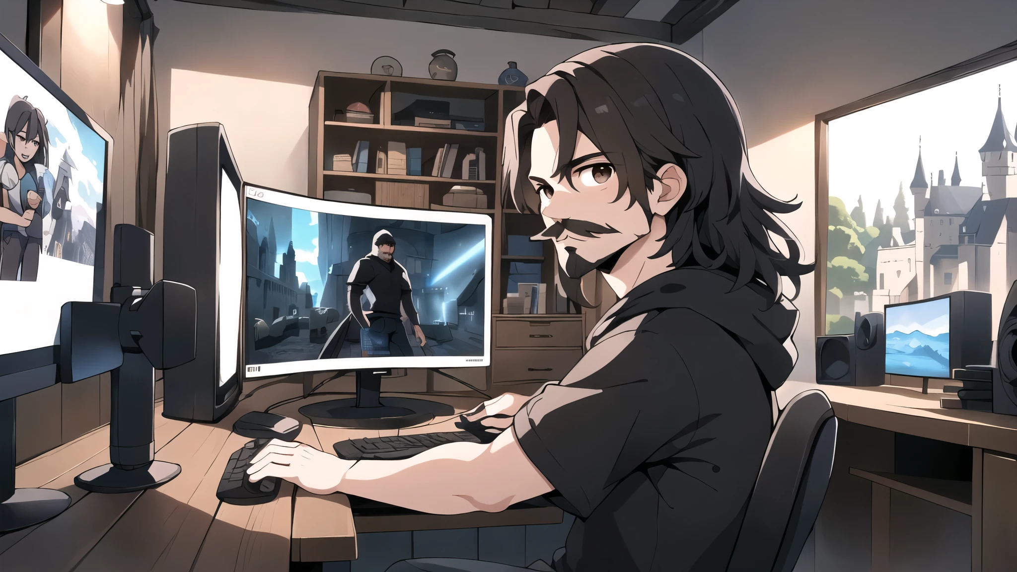 neocruz long black hair, Brown eyes, Spotlight, a mature male villager with a beard and mustache, utiliza una computer de juego dentro de una casa campesina.,casual beach clothing, shirt, hoodie, Dur3r Style,(gaming computer monitor, keyboard (computer), cables, rgb games),horses,castle in the distance,