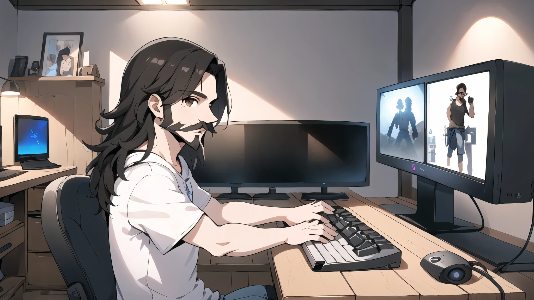 neocruz long black hair, Brown eyes, Spotlight, a mature male villager with a beard and mustache, utiliza una computer de juego dentro de una casa campesina.,casual beach clothing, shirt, hoodie, Dur3r Style,(gaming computer monitor, keyboard (computer), cables, rgb games),horses,castle in the distance,