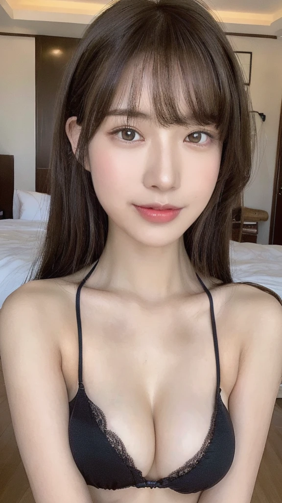 （(8K, RAW Photos, Highest quality, masterpiece: 1.2)）, Super detailed, Super Resolution, (Genuine, Genuine photos: 1.37), whole body, High-resolution RAW color photos, Professional photos, とても細かくて美Shii, Very detailed, 8K 壁紙, Amazing details, Large file size, Official Art, Very detailed CG Unity 8K 壁紙, Very detailed beautiful girls, Very detailed facesHighly detailed eyes, Very detailed skin, Very detailed fingers, Very detailed nose, Very detailed mouth, Perfect Anatomy, Very detailed background, Very detailed clothing, One Girl, (18:1.2), , cute girl, Famous Japanese Idols, cute, Genuineistic body, White skin, Glowing Skin, The body is slim, Handsome body, Brown Hair, Curly Hair, (Blunt bangs: 1.2) , smile, like々Shii, かわいらShii顔, Genuineistic face, Sharp focus :1.2, 完璧な体型の美Shii女性 :1.4, Slim Abs :1, ((Dark brown hair, Big Breasts :1.2)), Body Dress :1.1, (resort hotel bedroom, Resort Hotel Beds :1), Black bikini with lace, Exposed cleavage