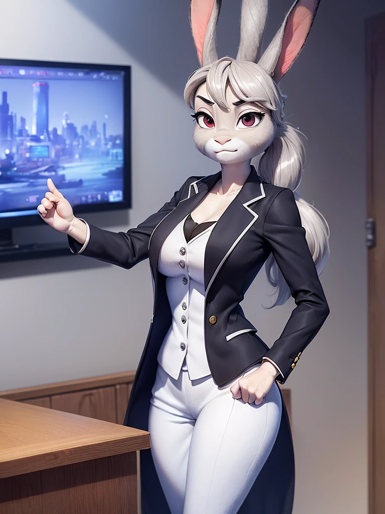 best quality, masterpiece, 3D anime, (((solo))), (((1girl))), ((Face is JudyHopps)), (long ears like a rabbit:0.8), Heir is in a black ponytail style, Body is human lady, Navy blue business suit, Tailored jacket, White blouse, Skirt, (the suit is made of wool:1.4), suit color is {gray, black, stripe}, ((skin is silver with fluffy and fluffy)), (portrait view), In the background there is a office space, Her expression shows subtle makeup, with a sense of nervousness and determination, ((Standing with a straight posture, Be mindful of correcting your posture))