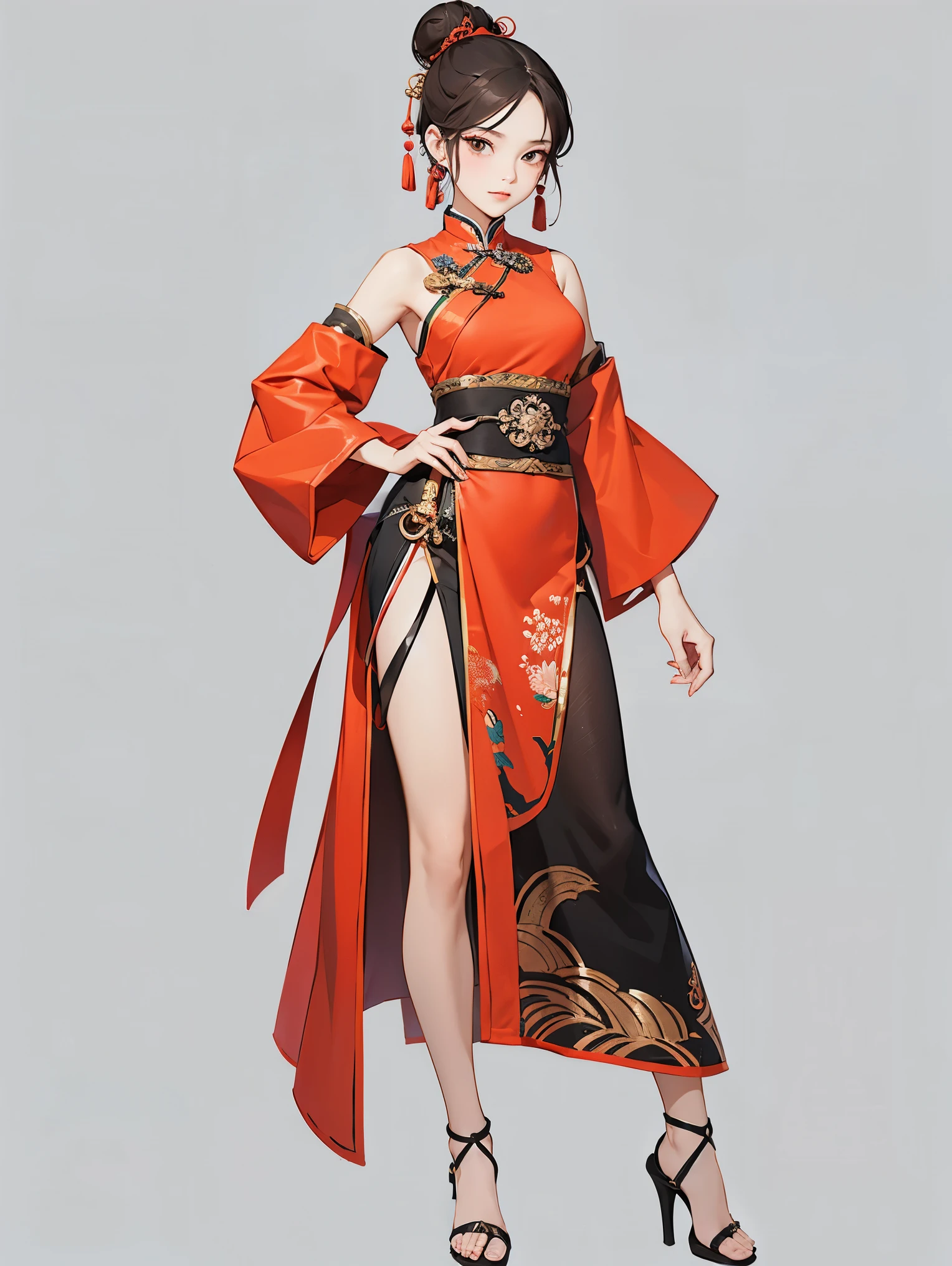 Costume,Chinese Tang Dynasty women,Standing,Show your shoulders,Show your arms,Show your legs,High heels bun hairstyle,whole body,Blank Background