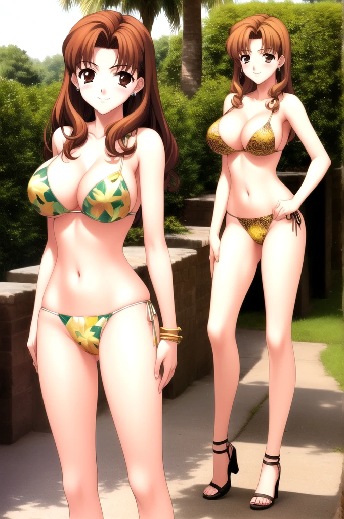 Sonozaki　Misao Sonozaki, masterpiece, best quality, the hot sexy mature woman standing poses seductively in a tropical printed bikini at the garden, 1girl, swimsuit, 独奏, micro bikini, breasts, cleavage, Under , earrings, jewelry, high leg bikini bottom, camel toe, crotch, navel, arm spread, hand on breast, smile, right brown hair, wavy and curly hairstyle, long hair, large breast, tareme, nice ass, brown eyes, slender face, beautiful tits, beautiful ass, slim waist, 