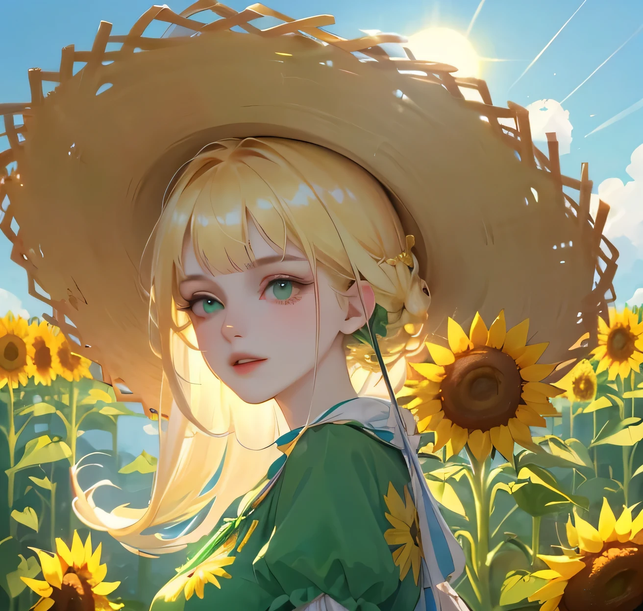 (high quality) (best quality) (a woman) (correct physiognomy) Woman, blonde hair with bangs on her forehead, straw gardener hat on her head, green eyes, tender lips, middle age, olive green summer dress with flower print, location of the photo, the woman must be in the middle of a field of sunflowers, lighting of the photo, sunlight.