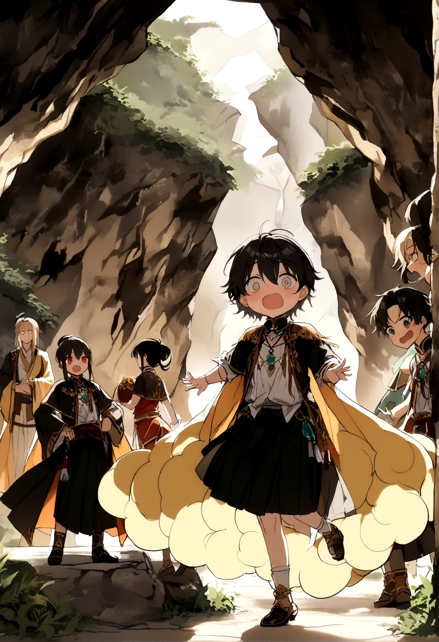 nimbus，Uninhabited primeval forest，Mysterious forest。(((Ancient cave in the background)))，Young male，Shabby laundry，((Very very shocked expression))，Eyes widened，Close-up，悬在空中的Jade Pendant，（Jade Pendant：Luminescence），((Mysterious and dreamy scene）），Chinese style，Immortal World，Xianxia World