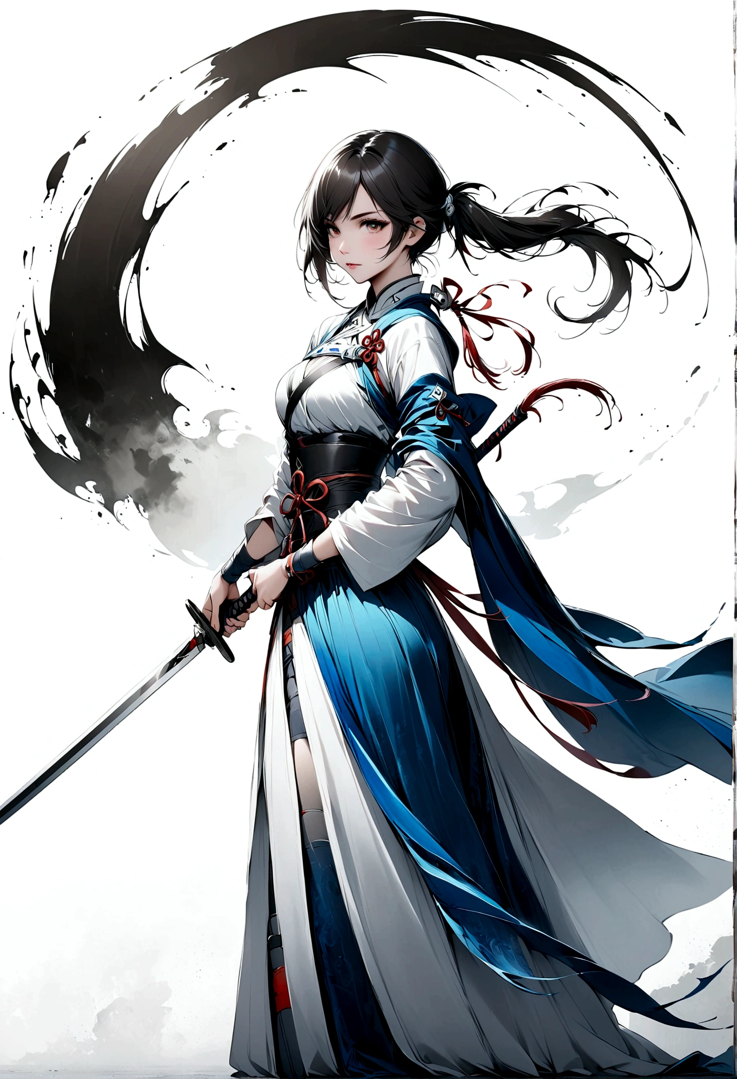 艺术Ink Painting，立体Ink Painting，Minimalism，Minimalism的图形，Minimal Art，Girl with a sword on her back,whole body,Ink Painting，White robe，Blue long hair，Black and white background，Tai Chi style，Textured Matte，Low saturation，Minimalism构图，Main Composition