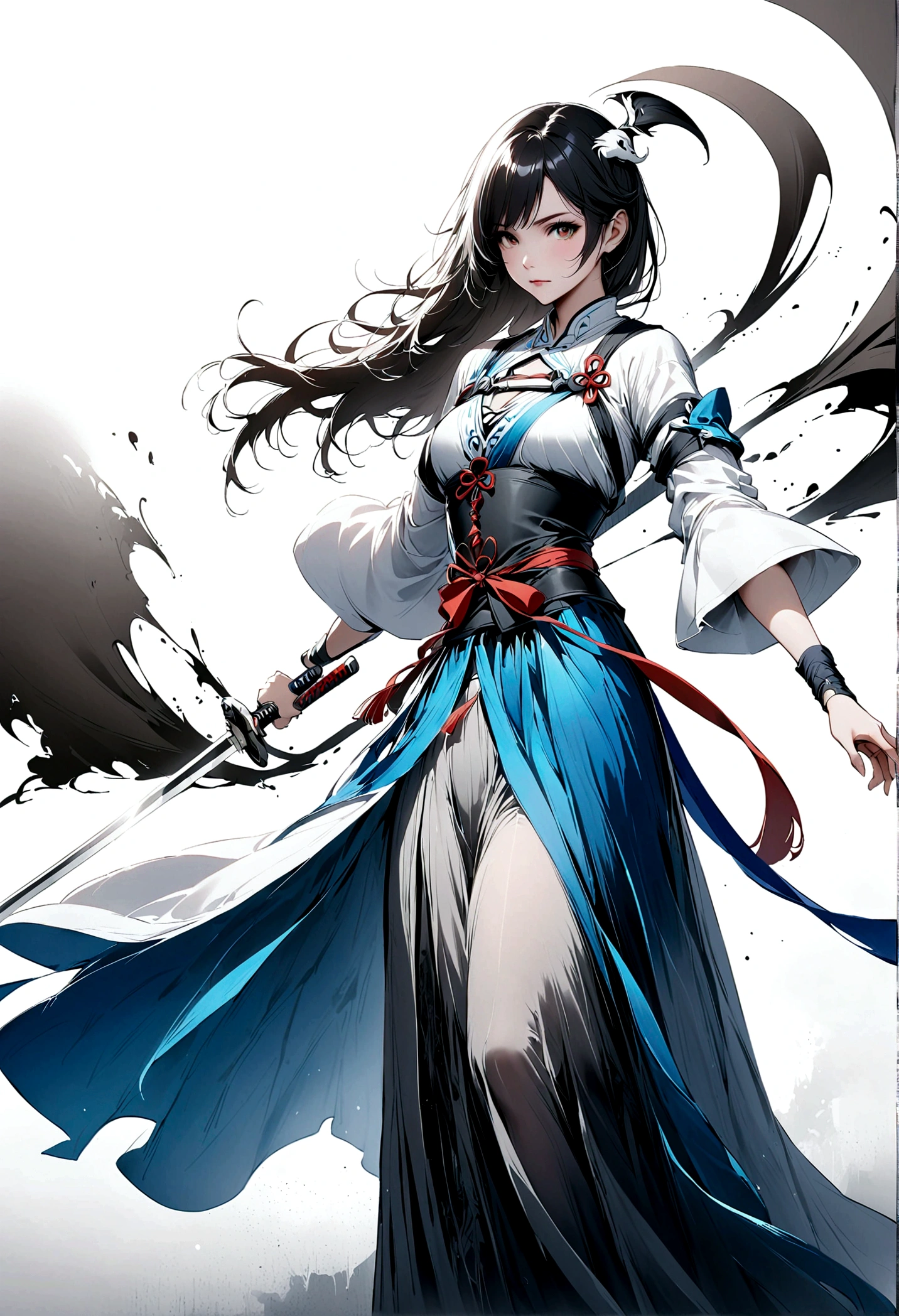 艺术Ink Painting,立体Ink Painting,Minimalism,Minimalism的图形,Minimal Art,Girl with a sword on her back,whole body,Ink Painting,White robe,Blue long hair,Black and white background,Tai Chi style,Textured Matte,Low saturation,Minimalism构图,Main Composition