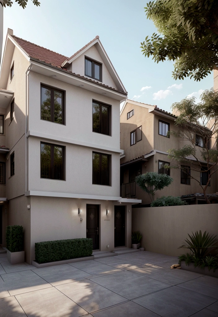 
(Townhouse in city ,close houses and trees), daylight ( best quality) ((high solution)) ,(( photo realistic)) ,warm light, (sharp focont view of townhouse in style of modern,small house, Narrow area,VietNam,facade, curved arch,beautiful facade,curved windown,narrow and long ,two-storey,mutual colours, soft lighting, warm atmosphere,high Resolution, hyper detailed,4k ,vray render, octane render, hyper realistic, photography expert ,exterior design , professional photography, exterior photography,wide-angle shot , ultra detail , high Resolution , full frame, full body


