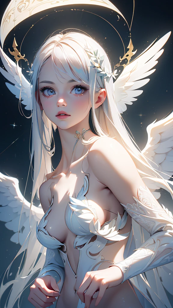 ((ultra quality)), ((realistic,digital art)), (hyper detailed) a beautiful angel woman with halo of light, nude, intricate detailed face, delicate facial features, porcelain skin, ethereal, serene expression, elegant pose, feathered wings, graceful, divine, shimmering light effects, cinematic lighting, chiaroscuro, dramatic shadows, muted color palette, romantic, dreamlike, mystical
