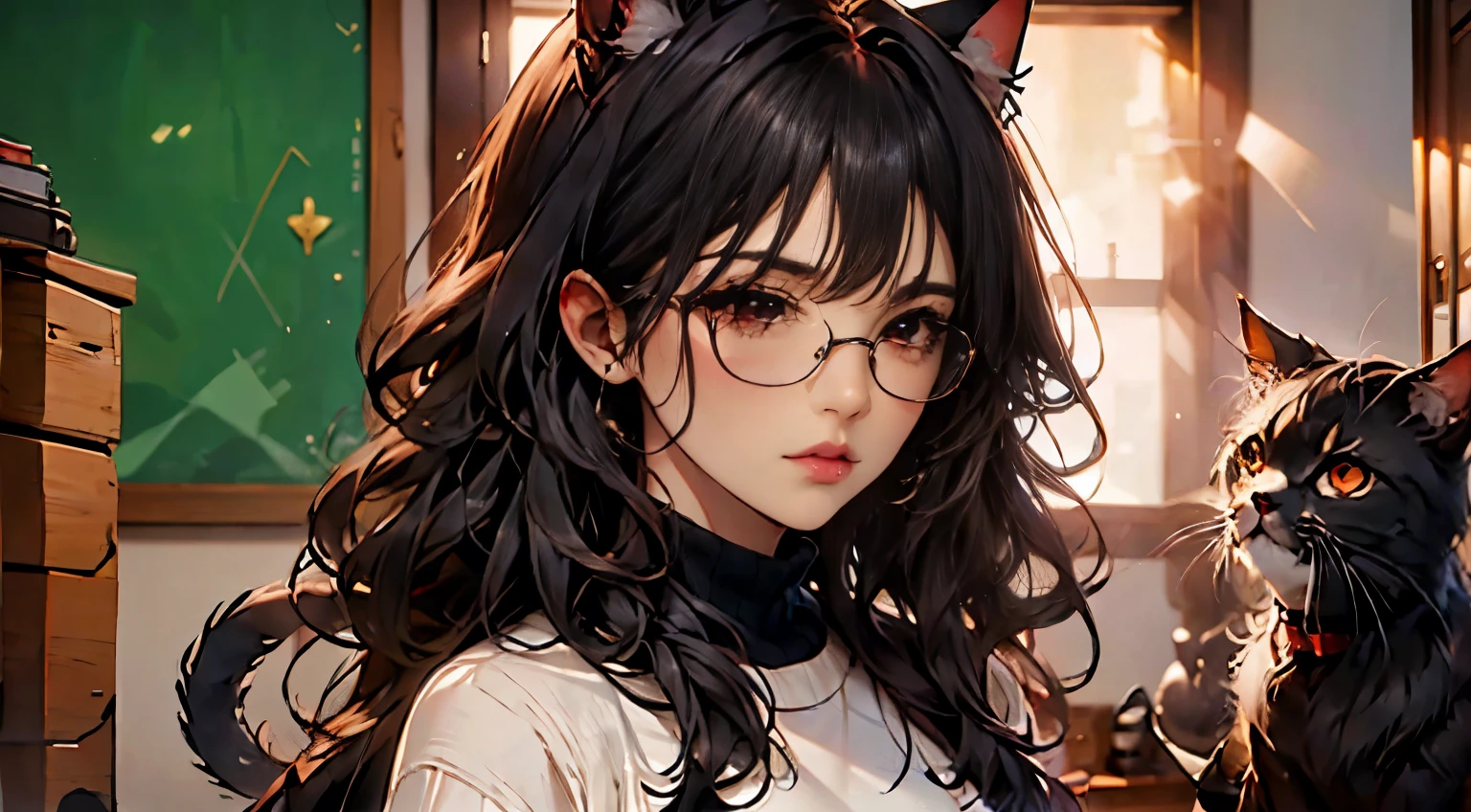 neocruz man with curly hair, long black hair and freshly cut beard, Brown eyes. // inside the office // next to a beautiful junkotvv woman with glasses, wavy black fur, cat ears and red eyes.