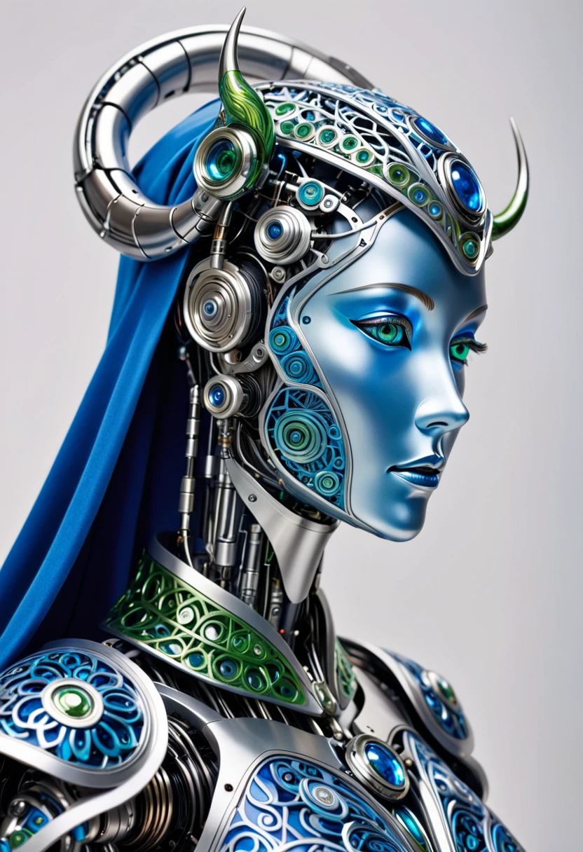 A captivating close-up of an intricately designed robotic or mechanical humanoid figure, created by Hans Darias AI. The figure's prominent round head features two curved horn-like appendages, and the head is a striking shade of blue with mesmerizing green eyes. The ornately decorated body showcases intricate patterns and designs in shades of blue and silver, with mechanical components visible on its arms and legs. The figure gracefully wears a flowing blue cape or robe, and the neutral background highlights the exquisite details of this remarkable creation.