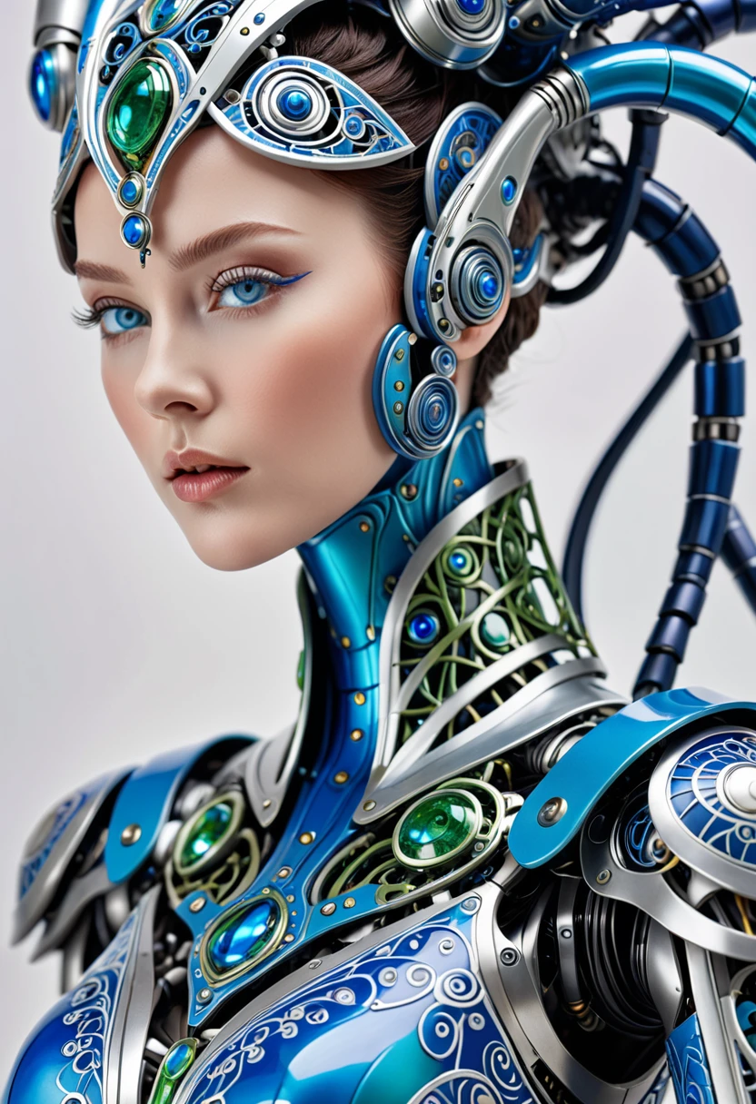 A captivating close-up of an intricately designed robotic or mechanical humanoid figure, created by Hans Darias AI. The figure's prominent round head features two curved horn-like appendages, and the head is a striking shade of blue with mesmerizing green eyes. The ornately decorated body showcases intricate patterns and designs in shades of blue and silver, with mechanical components visible on its arms and legs. The figure gracefully wears a flowing blue cape or robe, and the neutral background highlights the exquisite details of this remarkable creation.