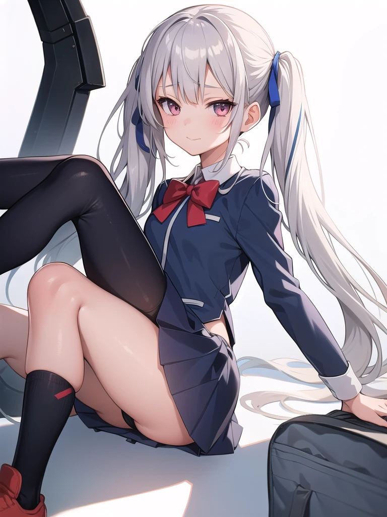 1girl, anime girl, silver hair, long twintails, silver eyes, school suit, white background, closed mouth small smile, small closing eyes