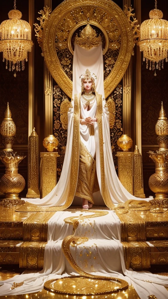 A white snake adorned with luxurious golden decorations. The background is filled with exotic jewels and shimmering gold accessories, and the snake’s scales reflect the light beautifully. A scene with a regal and mystical atmosphere featuring an opulent white snake