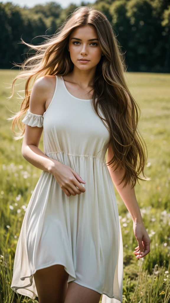 realistic body shot photo of sad dutch big long hair woman dancing in front of camera wearing long summer dress, meadow, glamour photoshoot, perfect anatomy, Perfect eyes. Perfect hands with 5 fingers on each hand. fit girl, looking into the camera, strong hip:1.2, wide hip:1.3, 36 yo woman. (Eye makeup:1.1), (highly detailed skin:1.1), RAW, analog style, sharp focus, 8k UHD, DSLR, high quality, Fujifilm XT3, grain, award winning, masterpiece.