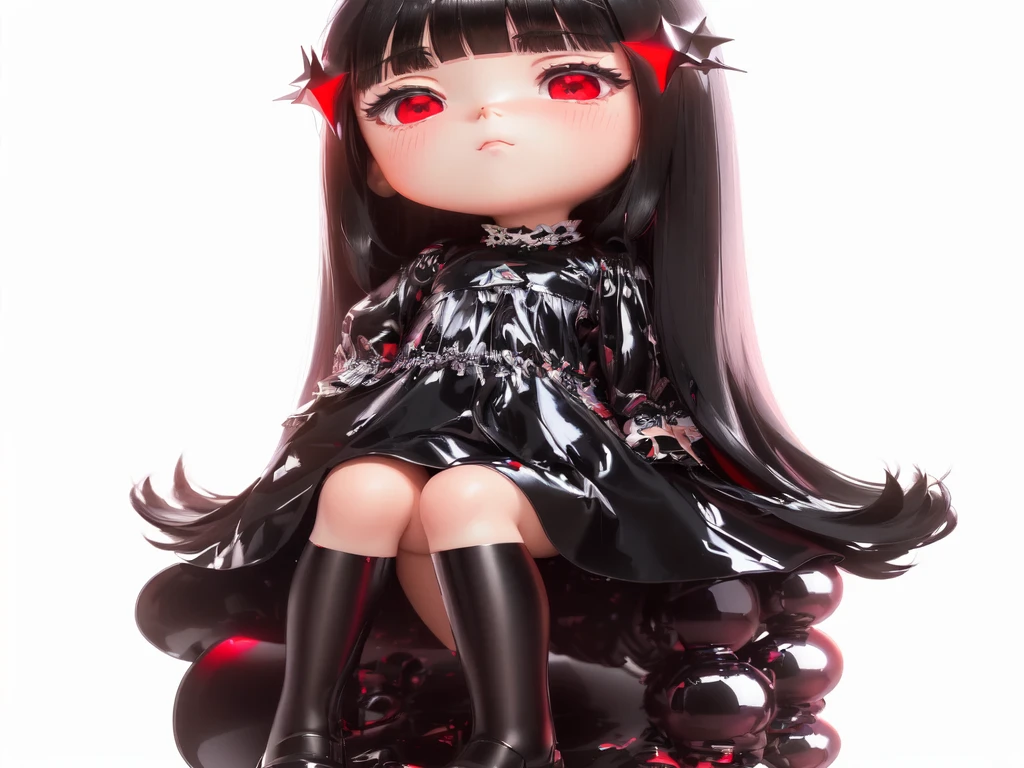a super cute girl with long black hair and red satin dress, handing a red oil-paper umbrella like fire, chibi, Chrome, full body, Popmart blind box, IP design, 3d rendering, ultra-detailed,silver background, no headphones, 3d, c4d, soft lights, 16K, masterpiece, Medium Long View