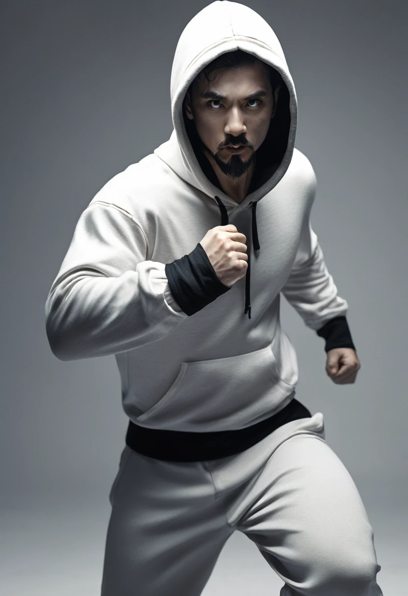 A man with black and white hair, wearing a hoodie, with a goatee, in a fighting stance, (best quality,4k,8k,highres,masterpiece:1.2),ultra-detailed,(realistic,photorealistic,photo-realistic:1.37),male,hoodie,goatee,fighting stance,black and white hair,dramatic lighting,moody atmosphere,cinematic,epic,intense,powerful,muscular,dynamic pose,character design