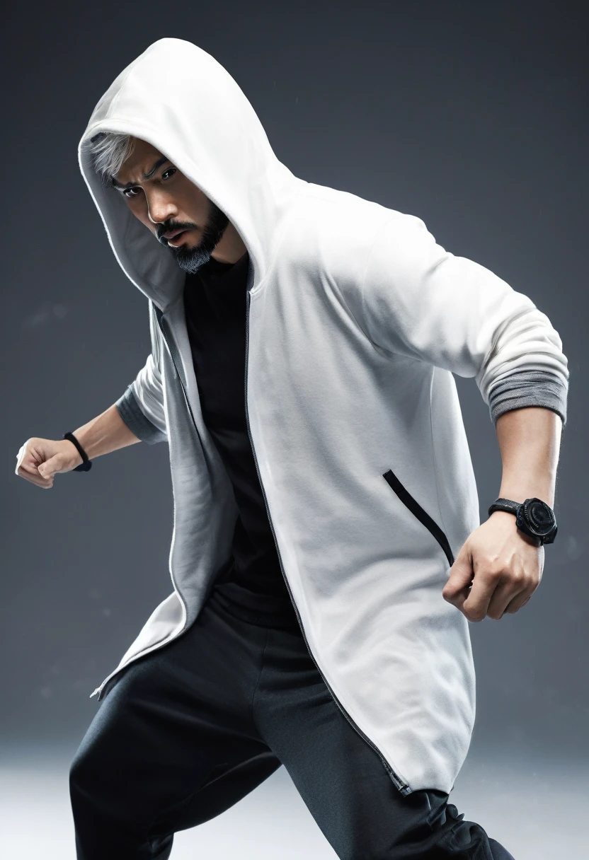 A man with black and white hair, wearing a hoodie, with a goatee, in a fighting stance, (best quality,4k,8k,highres,masterpiece:1.2),ultra-detailed,(realistic,photorealistic,photo-realistic:1.37),male,hoodie,goatee,fighting stance,black and white hair,dramatic lighting,moody atmosphere,cinematic,epic,intense,powerful,muscular,dynamic pose,character design