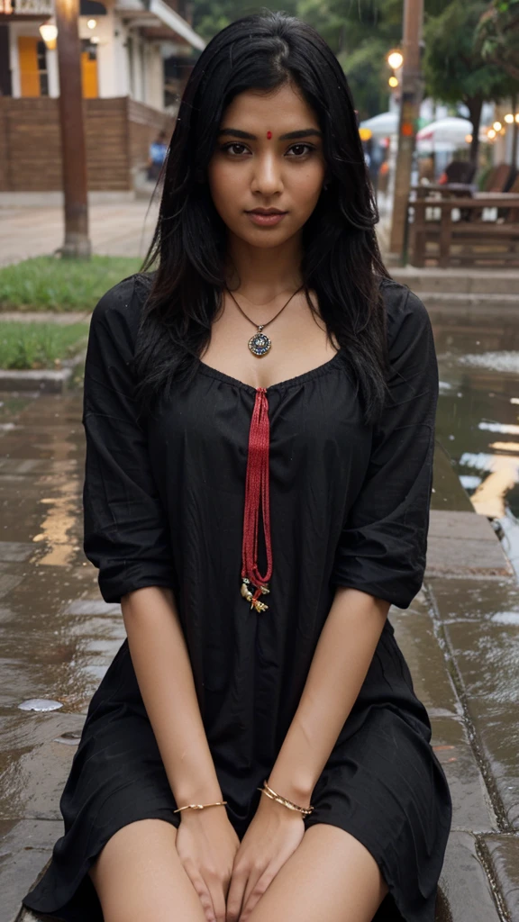 A indian gril black hair dress indian traditional shari and necklace at sitting in riverside alone I am raining day