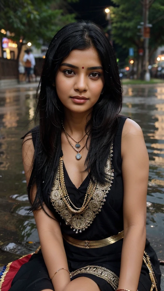 A indian gril black hair dress indian traditional shari and necklace at sitting in riverside alone I am raining day