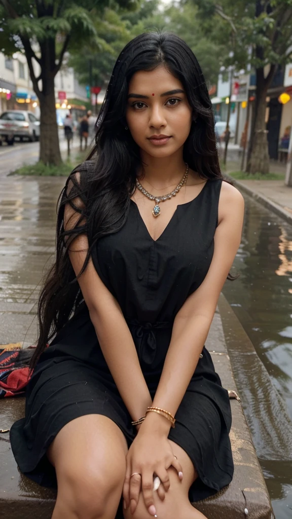 A indian gril black hair   dress indian traditional shari    and necklace  at    sitting in riverside alone I am raining day