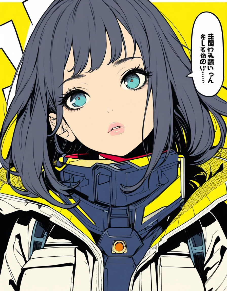 ultra-detailed:1.3, ultra delicate and detailed face:1.3, (absurdres, texture, masterpiece), pop art, thick line, pixiv contest winner, by Posuka Demizu, Dynamic manga-style illustration of mechanical android girl with long dark hair, wearing transparent yelllow anorak, She is looking upwards with determined expression, The background is white and navy with large Japanese characters and a speech bubble saying "!!", moist eyes, moist lips, head tilt,