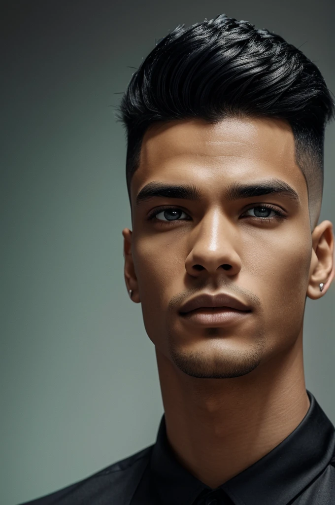 A young man with light skin and average height. His hair is black with a mid-length part parted in the center and so the hair falls to the sides of the head with silver tips to the final tips. His left eye is light green and his right eye is dark blue, with two irises contained in the same sclera as his right eye. His body was slim and toned.