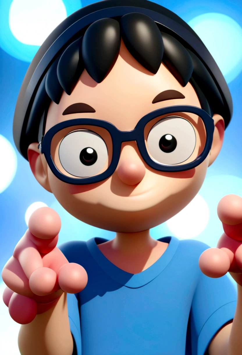 Male cartoon character wearing black glasses and a blue shirt, anime character, Stylized characters, Animation-style rendering, 3D stylized, Arnold Maya Rendering, 3D rendering style, toon render keyshot, 3D Characters, 3D Characters, 3D rendering style, 3D Charactersレンダリング, Cartoon characters, Close-up Character, Character pose, (Pixar Style) (Master Parts:1.2) (Bokeh) (Highest quality) (Fine skin) (Fine texture) (8K) (clay) (Cinema Lighting) (Sharp focus，Sit down and raise your upper body