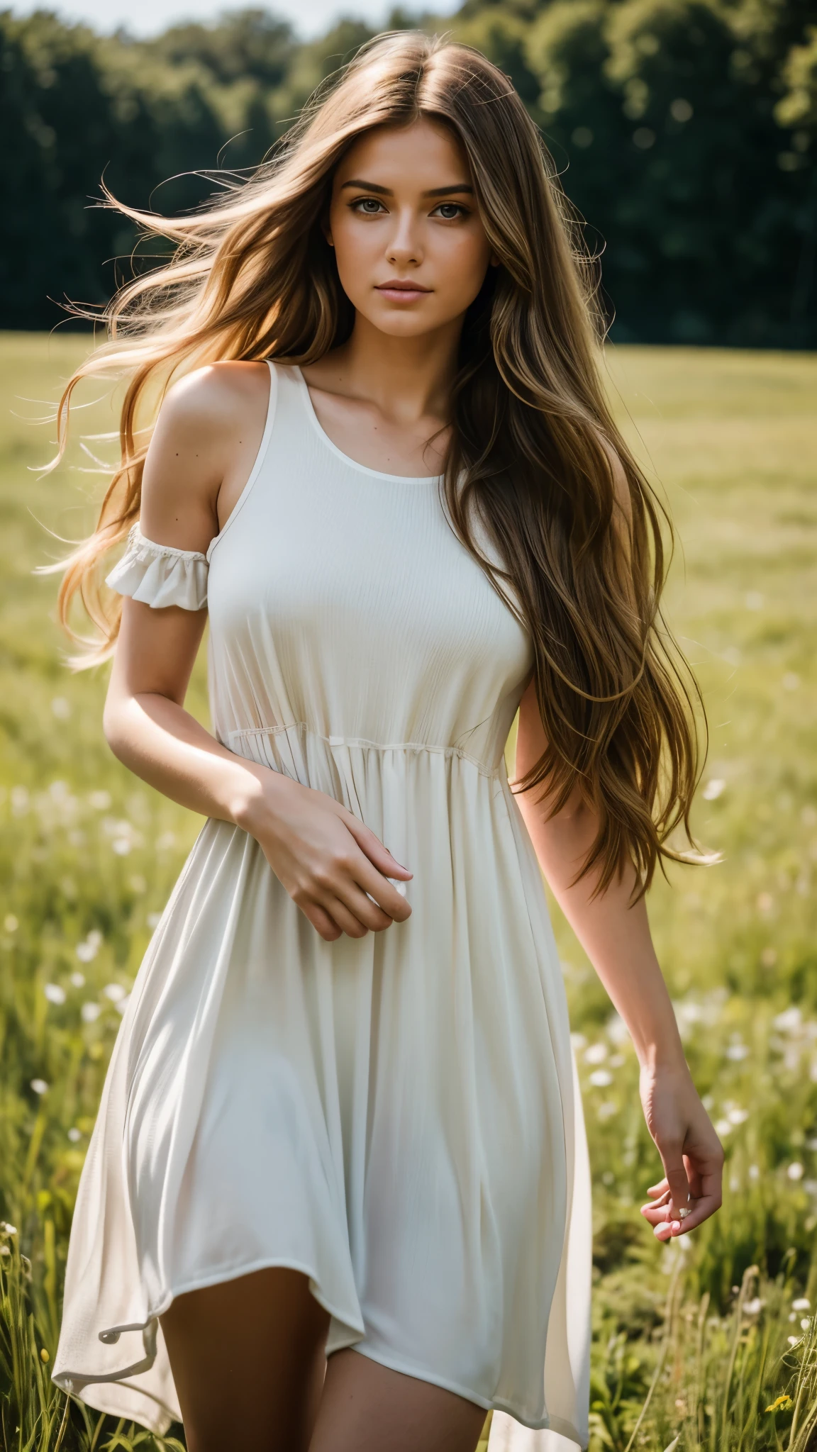 realistic body shot photo of sad dutch big long hair woman dancing in front of camera wearing long summer dress, meadow, glamour photoshoot, perfect anatomy, Perfect eyes. Perfect hands with 5 fingers on each hand. fit girl, looking into the camera, strong hip:1.2, wide hip:1.3, 36 yo woman. (Eye makeup:1.1), (highly detailed skin:1.1), RAW, analog style, sharp focus, 8k UHD, DSLR, high quality, Fujifilm XT3, grain, award winning, masterpiece.