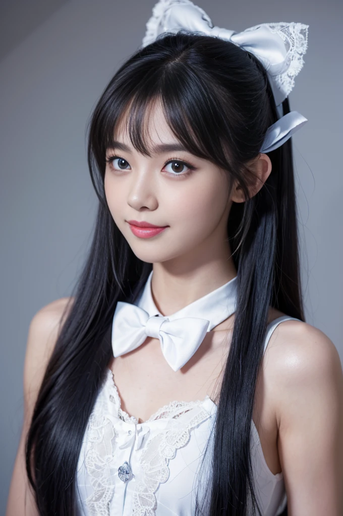 girl，single，Long hair，Looking at the audience，Bangs，blue eyes，Bow，Ribbon，Upper Body，White hair，Bow，bow tie，Lips，eyelash，蓝Bow，白Bow，Lace，curls，lifelike，Smiling