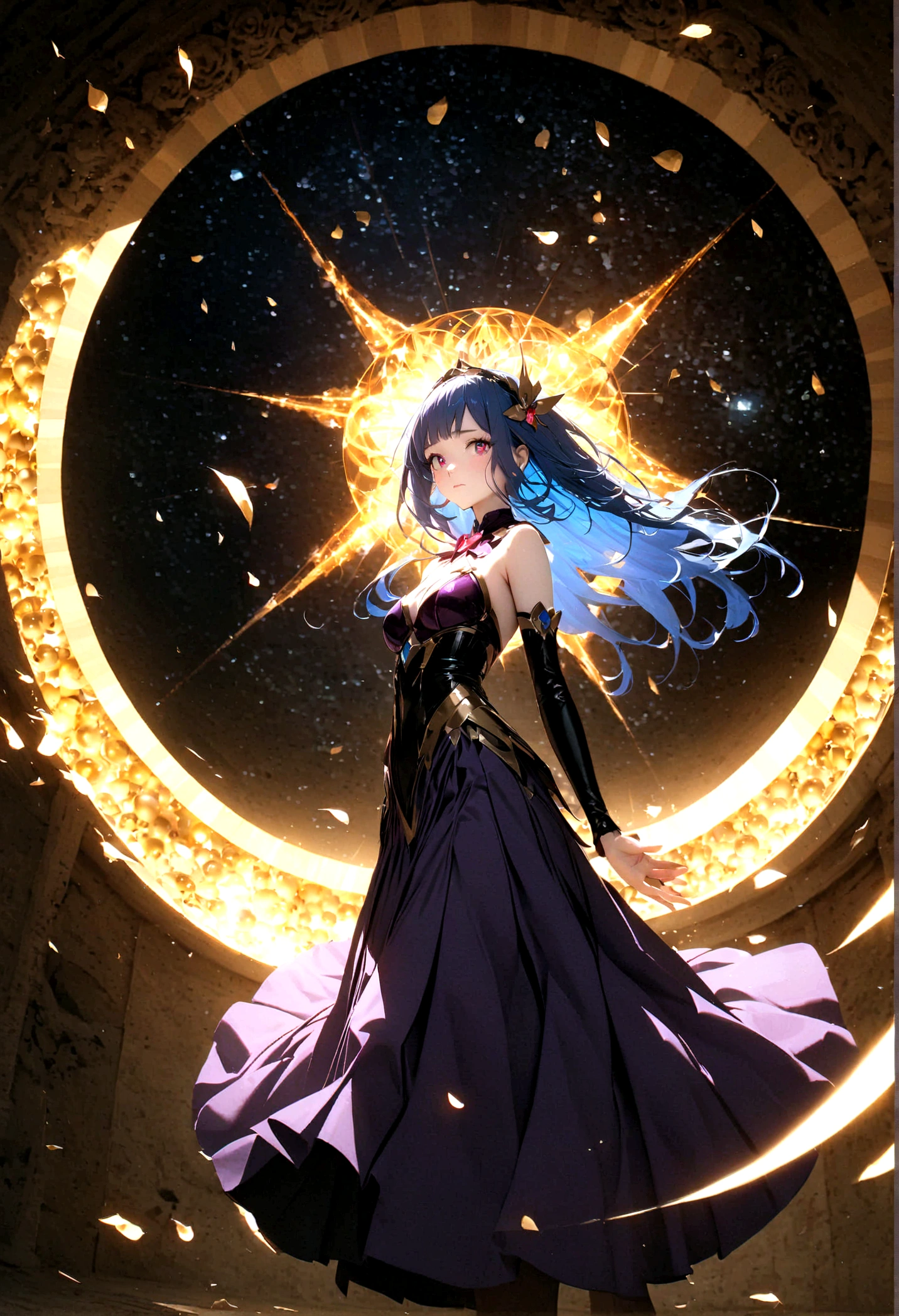 (woman\(Magical girl, Purple long skirt, Long flowing blue hair, Red pupils, Pale skin, Shy face,Shy-eyed), (Many golden magic balls are floating in the air),night,The sky is clear,With a little penetrating moonlight, rest ,quality\(8K,Extremely detailed CG unit wallpaper, masterpiece,high resolution,top-quality,top-quality real texture skin,Surrealism,提high resolution,original photo,Best quality,Very detailed,light,Ray Tracing,Golden Ratio\),(Long Shot),Wide-angle lens,