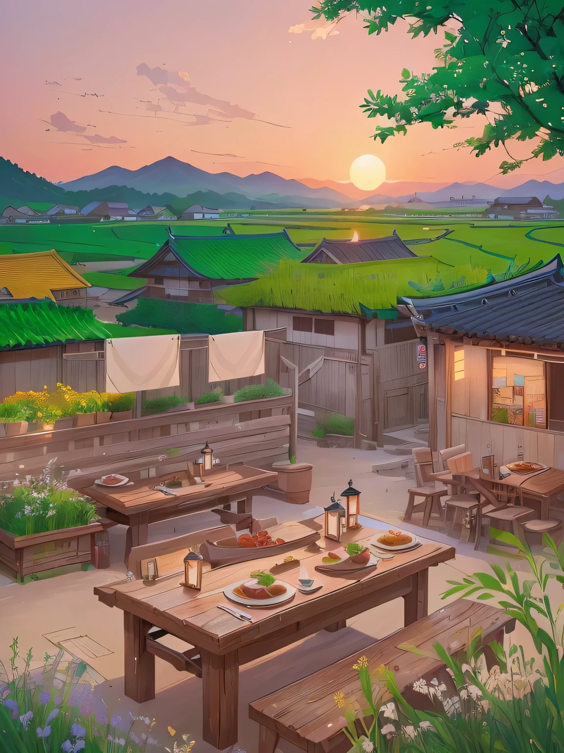 There is a painting，There is a table with food in the painting, Anime rural scenery, anime background technology, Korean Village, Summer environment, Anime Landscape Concept Art, A beautiful artistic illustration, background technology, Summer Afternoon, By Jang Seung-eop, Relaxation concept art, Anime Background, By Sim Sa-jeong, Inspired by jeonseok lee, Detailed scenery —width 672