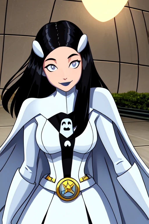 8k,highres,absurdres,masterpiece,best quality,original,extremely detailed CG,extremely detailed wallpaper,perfect, Phantom girl, solo, girl1, long black hair, bodysuit. grey eyes, smile, white hair ornament, ghost logo, grey lips, sanpaku, belt, white cape, white gloves, best quality, masterpiece, cowboy shot, city, park