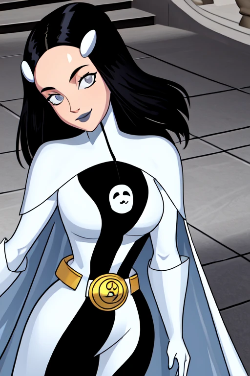 8k,highres,absurdres,masterpiece,best quality,original,extremely detailed CG,extremely detailed wallpaper,perfect, Phantom girl, solo, girl1, long black hair, bodysuit. grey eyes, smile, white hair ornament, ghost logo, grey lips, sanpaku, belt, white cape, white gloves, best quality, masterpiece, cowboy shot, city, park