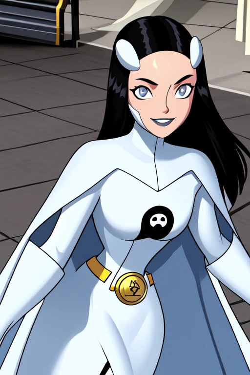 8k,highres,absurdres,masterpiece,best quality,original,extremely detailed CG,extremely detailed wallpaper,perfect, Phantom girl, solo, girl1, long black hair, bodysuit. grey eyes, smile, white hair ornament, ghost logo, grey lips, sanpaku, belt, white cape, white gloves, best quality, masterpiece, cowboy shot, city, park