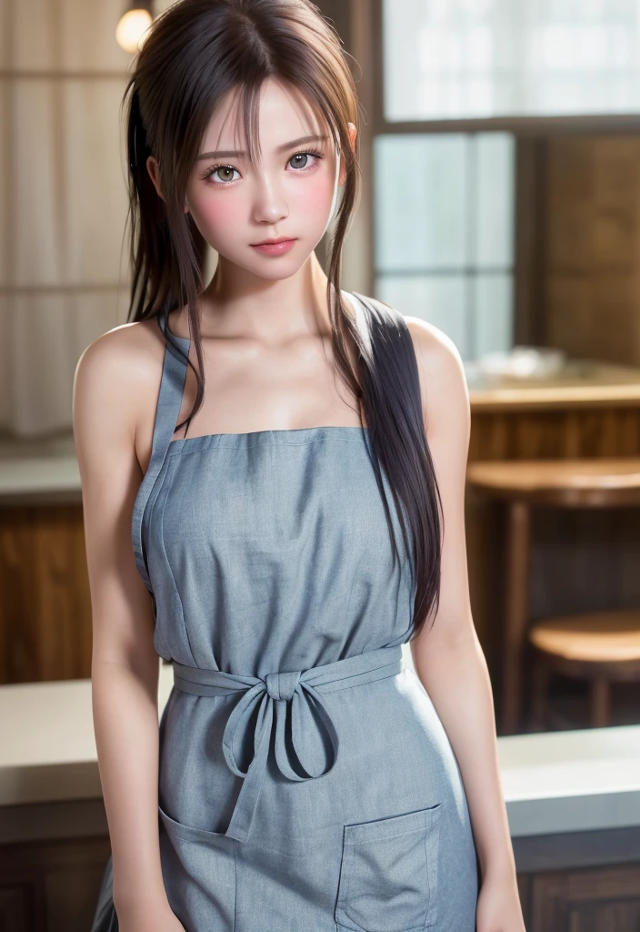 8K, of the highest quality, masutepiece:1.2), (Realistic, Photorealsitic:1.37), of the highest quality, masutepiece, Beautiful young woman, Pensive expression, Gentle eyes, Apron naked、full of shyness、Hair tied back, Messy mood, Cinematic background,  Light skin tone