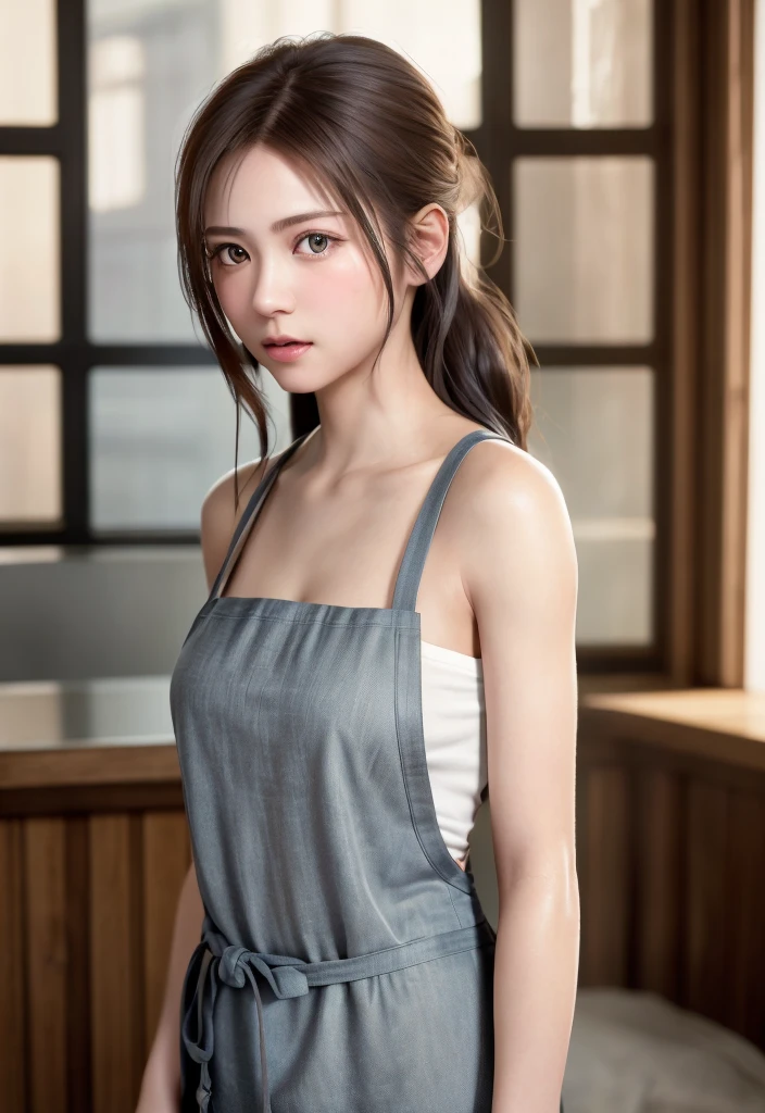 8K, of the highest quality, masutepiece:1.2), (Realistic, Photorealsitic:1.37), of the highest quality, masutepiece, Beautiful young woman, Pensive expression, Gentle eyes, Apron naked、full of shyness、Hair tied back, Messy mood, Cinematic background,  Light skin tone